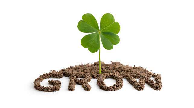 Fresh green clover plant, Trifolium repens, growing from soil shaped into the word grow against a pure white background for projects