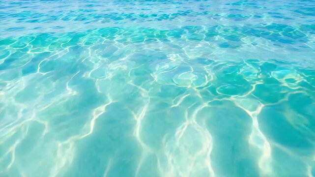 Crystal clear turquoise tropical ocean water surface with sun reflections