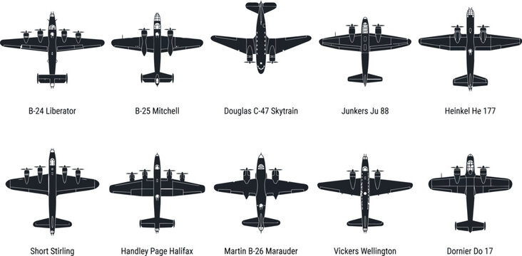 WWII Bomber and Transport Aircraft Icon Set | B-24 Liberator, B-25 Mitchell, C-47, Ju 88, Halifax | Warplane Vector Silhouette