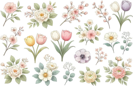 Set of cute watercolor hand drawn flower illustrations with soft pink and green colors