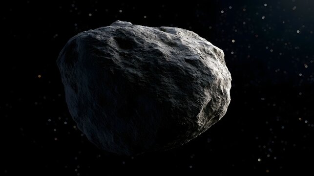 A large irregularly shaped asteroid floating in deep space with stars visible in the background