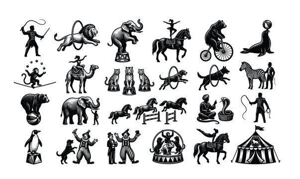 Circus Animal Show Icon Set Featuring Lion Elephant Tiger Bear Horse Trainer Ringmaster Vintage Performers Illustration