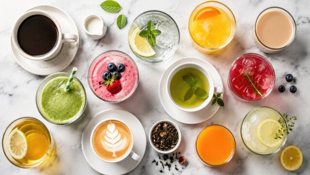 Overhead flatlay of assorted beverages-coffee, latte, smoothies, juices, teas and garnishes on a marble surface
