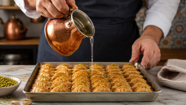 Baker pouring syrup from a copper pot over a tray of freshly baked baklava garnished with ground pistachios