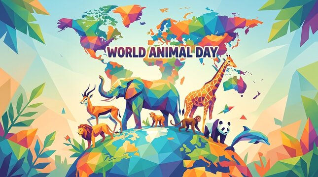 World Animal Day banner, low poly geometric wildlife and world map, colorful conservation concept for global environmental awareness