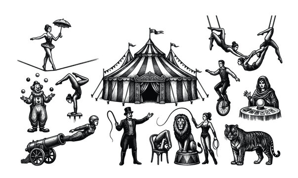 Set of black circus featuring a big tent, tightrope walker, trapeze artist, clown, juggler, unicyclist, acrobat, ringmaster, lion tamer, fortune teller, contortionist, and human cannonball