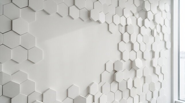  White hexagon tile wall texture, modern geometric 3D honeycomb pattern with soft window light and shadows, clean interior surface with copy space for mockup layouts
