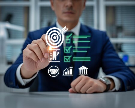 A Professional Businessman Interacting With Digital Business Goal And Strategy Icons Interface