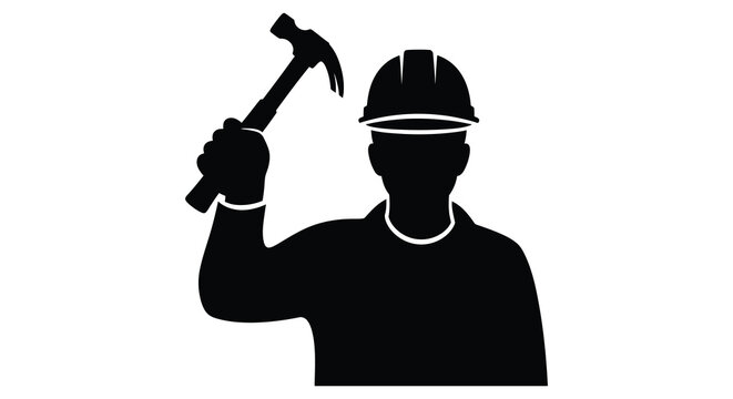 Construction worker with raised hammer is depicted as a black silhouette builder