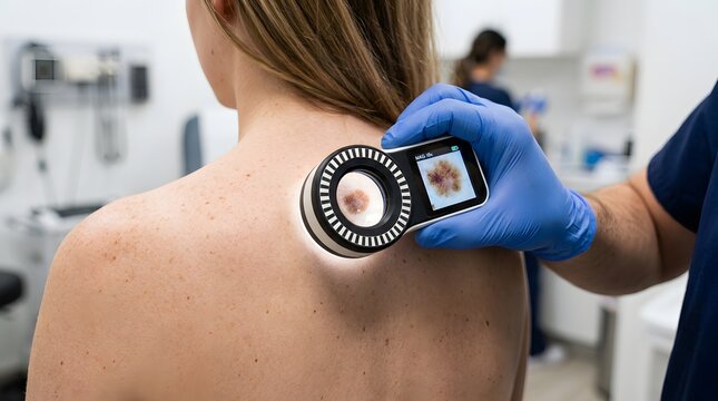 Dermatologist examining a patient's mole with a dermatoscope for potential skin cancer detection and diagnosis
