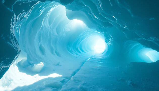 Inside a blue ice cave with glowing natural light filtering through glacial walls.