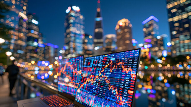 Blurred digital stock market ticker glowing brightly in front of a dark metropolitan skyline, financial numbers and market symbols illuminated across the screen, colorful city lights reflecting on p