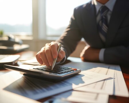 A professional businessman using a calculator for financial planning in his office