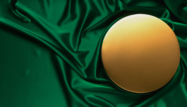 3D render empty smooth gold podium mockup on deep emerald green silk fabric for luxury jewelry or perfume presentation