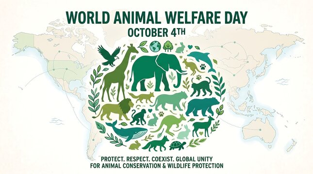 World Animal Welfare Day banner, global wildlife conservation poster, green animal silhouettes on world map, October 4th protection event