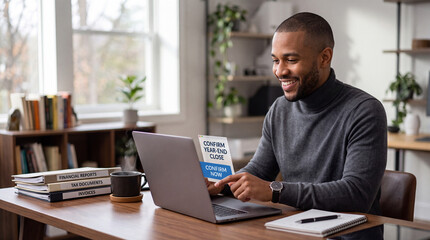 Fototapeta premium Smiling Black businessman confirming year-end close on laptop in home office. Happy accountant completing financial close with tax documents and reports on desk