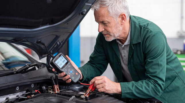 Senior mechanic testing a car battery with a digital diagnostic tool. Professional technician checking vehicle voltage in an auto repair shop. Seasonal car care concept