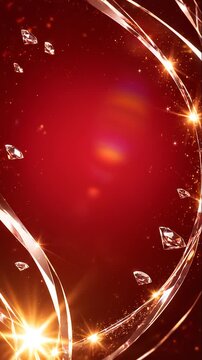 赤い背景を金色の光とクリスタルが囲む縦長オーバーレイ動画