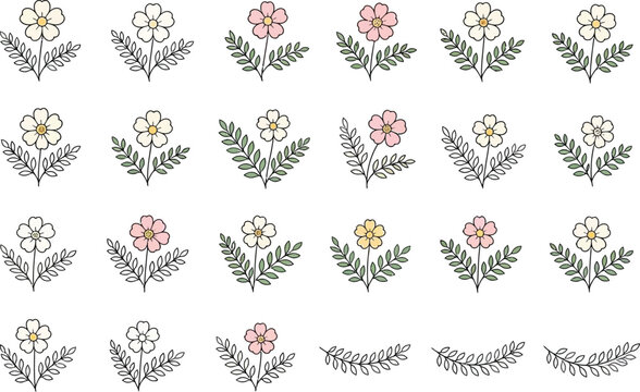 Set of hand drawn flowers and leaves sketches with soft color accents for design work