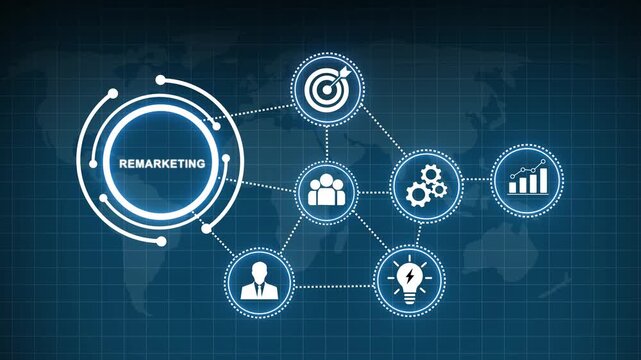 Digital remarketing strategy concept with glowing hud interface featuring connected for target audience, data analytics, business growth, and innovative marketing solutions on a global map background