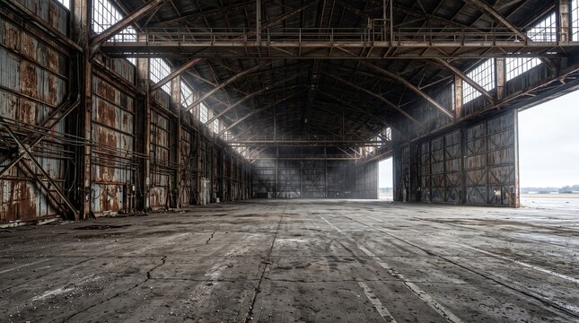 Industrial abandoned warehouse with rusty steel beams, empty dark hangar interior, gritty urban decay background