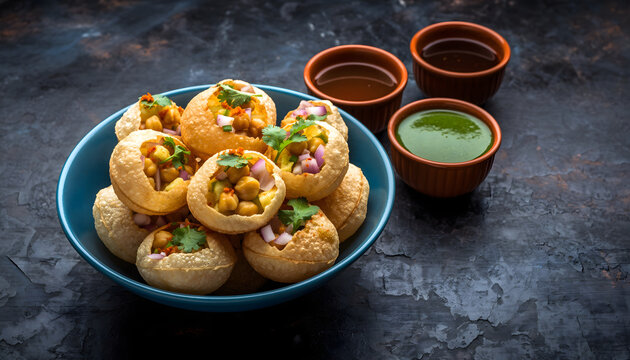 Authentic Indian Pani Puri street food snack, crispy fried spheres filled with spiced potatoes, chickpeas, and herbs, served with tangy tamarind and mint chutneys in small ceramic bowls