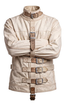front view of vintage canvas asylum straitjacket with crossed arms and leather buckle straps on a transparent background