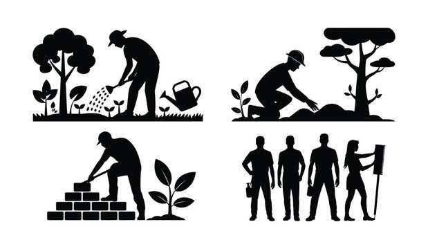 Set of black silhouette illustrations depicting gardening farming and construction work activities