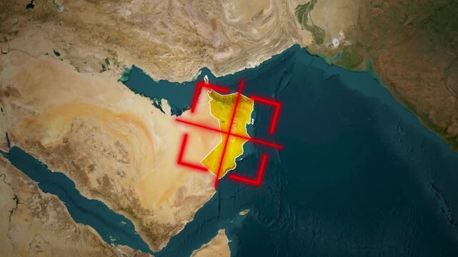 Zooming Satellite Map Highlighting the Country of Oman with a Red Targeting Crosshair