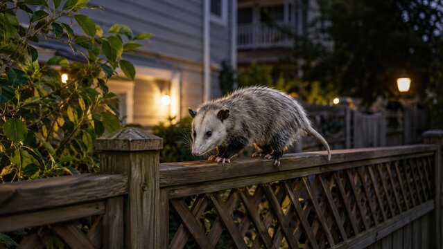 Opossum walking along a wooden fence in a suburban backyard at dusk with warm porch lights