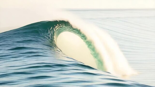 Ocean wave breaking in a hollow barrel shape at sunrise