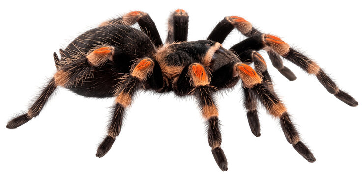 mexican redknee tarantula spider crawling in side view on a transparent background
