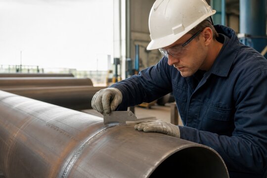 Quality inspector measuring weld bead on large industrial pipe