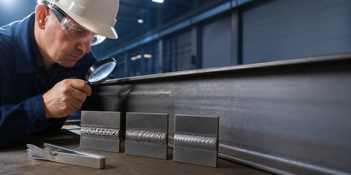 Quality inspector examining weld joints on structural steel