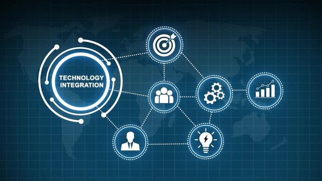 Digital technology integration concept featuring animated network nodes, global connectivity business strategy growth charts, and modern data communication systems on a dark blue futuristic map