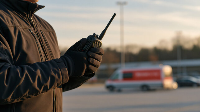 Close-up of a mall security officer's gloved hands gripping a walkie-talkie in a quiet rural edge mall, the parking lot beyond largely empty, a men's health screening van visible