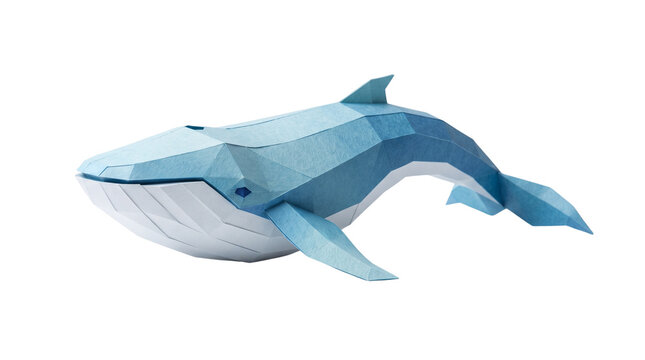 Low poly blue whale papercraft model, geometric origami sea animal sculpture, 3D paper whale art isolated on white background