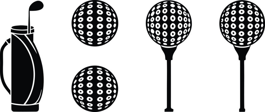 Set of black golf icons featuring a golf bag with clubs and golf balls on tees isolated on white background