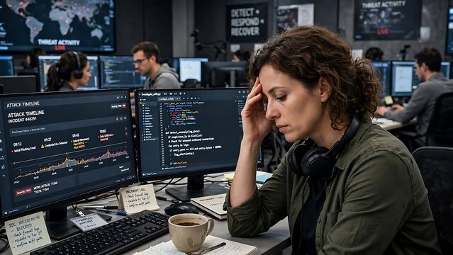 Stressed Female Cybersecurity Analyst Responding to a Cyberattack in a SOC