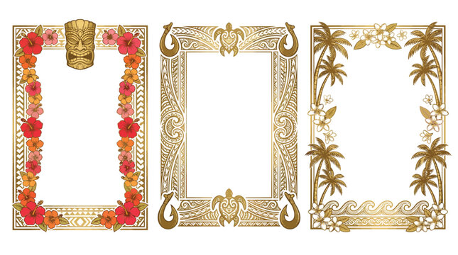 Golden Hawaiian Frames Set with Tiki Mask Hibiscus Sea Turtle and Palm Trees