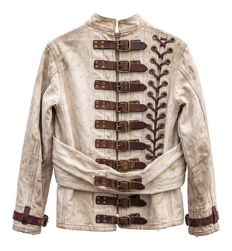 back view of vintage canvas straitjacket with leather buckles and lacing on a transparent background