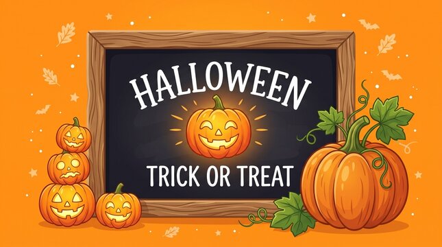 Halloween trick or treat chalkboard sign, festive pumpkin illustration on orange background, spooky holiday greeting banner