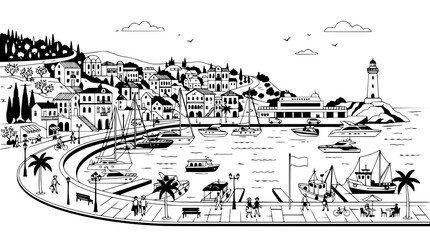 Fototapeta premium Coastal Town Harbor Scene with Boats, Lighthouse, and People Enjoying a Sunny Day