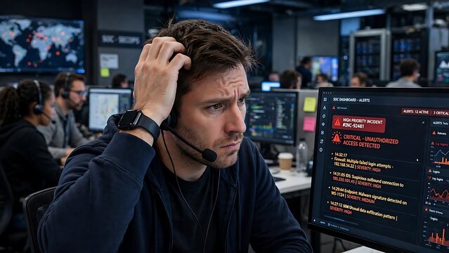 Stressed Cybersecurity Analyst Responding to a High Priority Incident