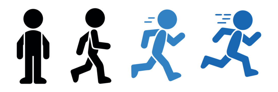 runner motion sequence stick figure icons from still to sprint