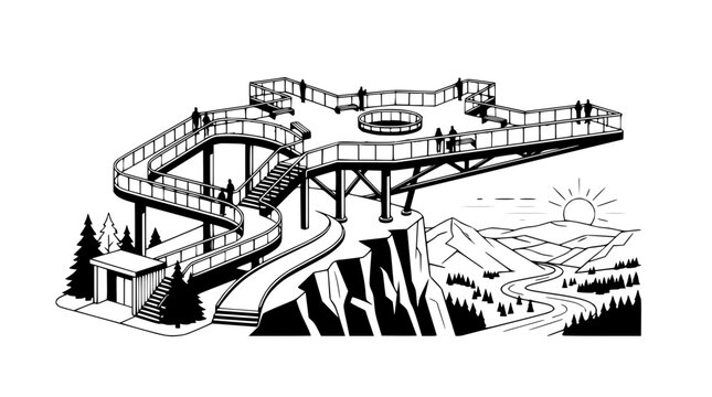 Modern observation deck on a cliff edge with scenic mountain landscape and winding road