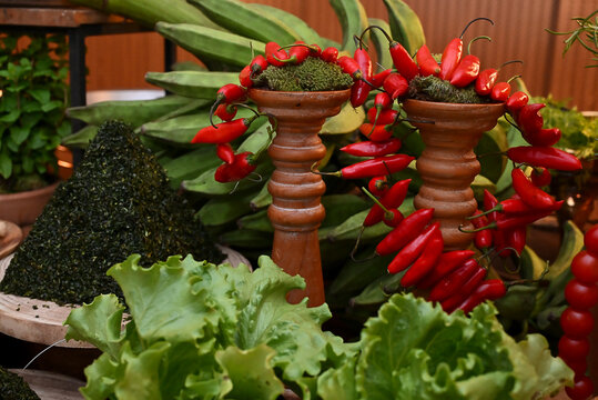 red pimenta dedo de mo&ccedil;a chili pepper garlands draped over terracotta pedestals with green bananas for brazilian feijoada buffet decoration, catering close up horizontal shot