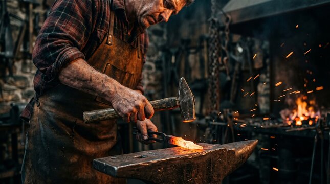 A skilled artisan blacksmith meticulously shapes glowing hot metal on an anvil with a hammer, demonstrating ancient craftsmanship and the power of fire in a rustic forge workshop