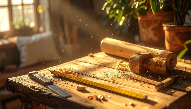 Traditional Carpentry Tools and Wood Shavings on Rustic Workbench in Warm Sunlight