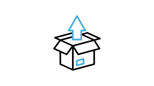 Animated open package box icon. Cardboard or storage or cardbox with upward arrow animation video for delivery, packing product, shipping, distribution. Motion graphics with alpha channel